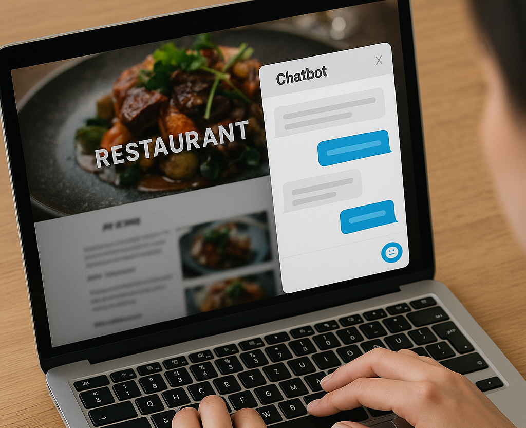 ChatGPT-Image-23.-Juni-2025-23_25_39 Zusehen ist ein Laptop mit einer geöffneten Webseite von einem Restaurant. Dort ist ein Chatbot geöffnet.